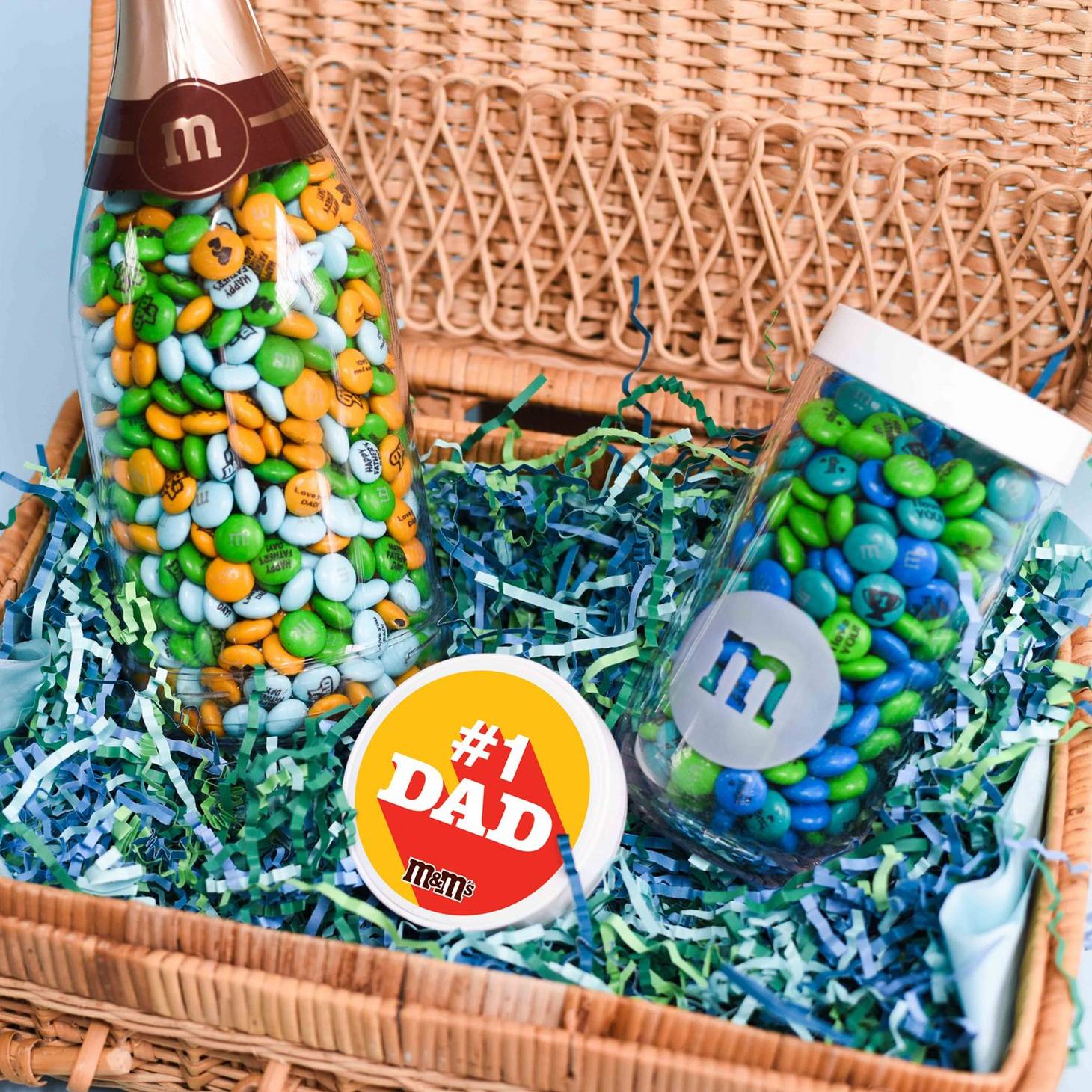 occasion bottle and #1 dad gift jar in a basket