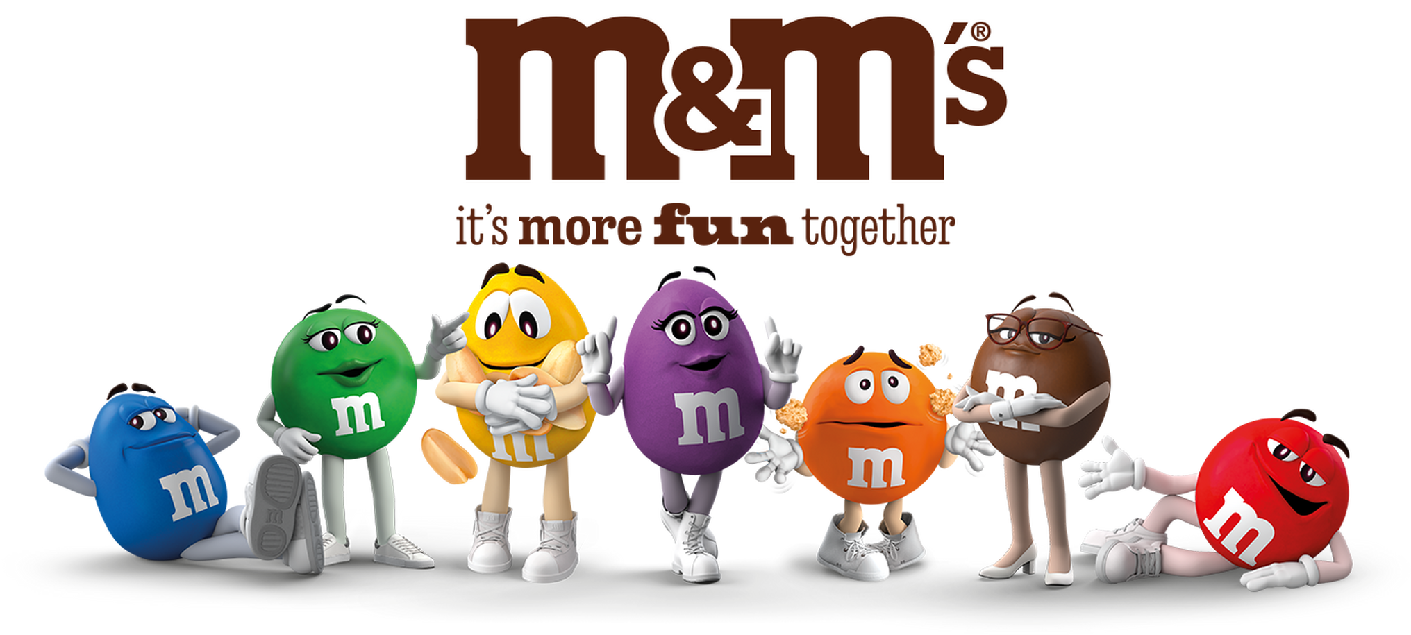 M&M'S Characters standing in line together with the text 'one for all & all for fun' above them