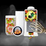 halloween gift jar and dispenser with skeleton hand reaching for dispenser.