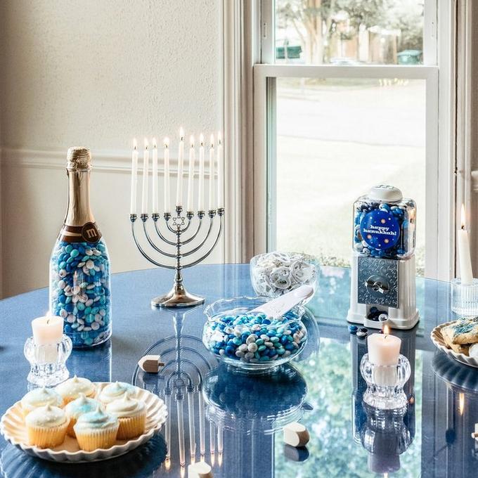 M&M'S Hanukkah themed gifts displayed on a table