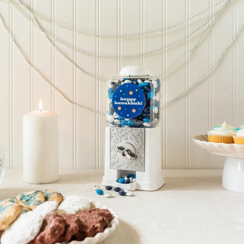 Hanukkah party display with baked goods and personalized M&M'S Happy Hanukkah Dispenser