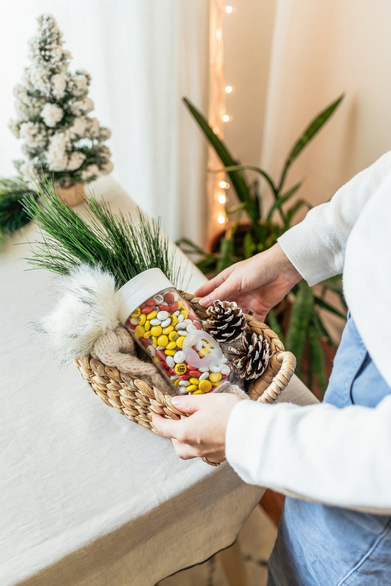 M&M'S gift jar in a basket at holiday time