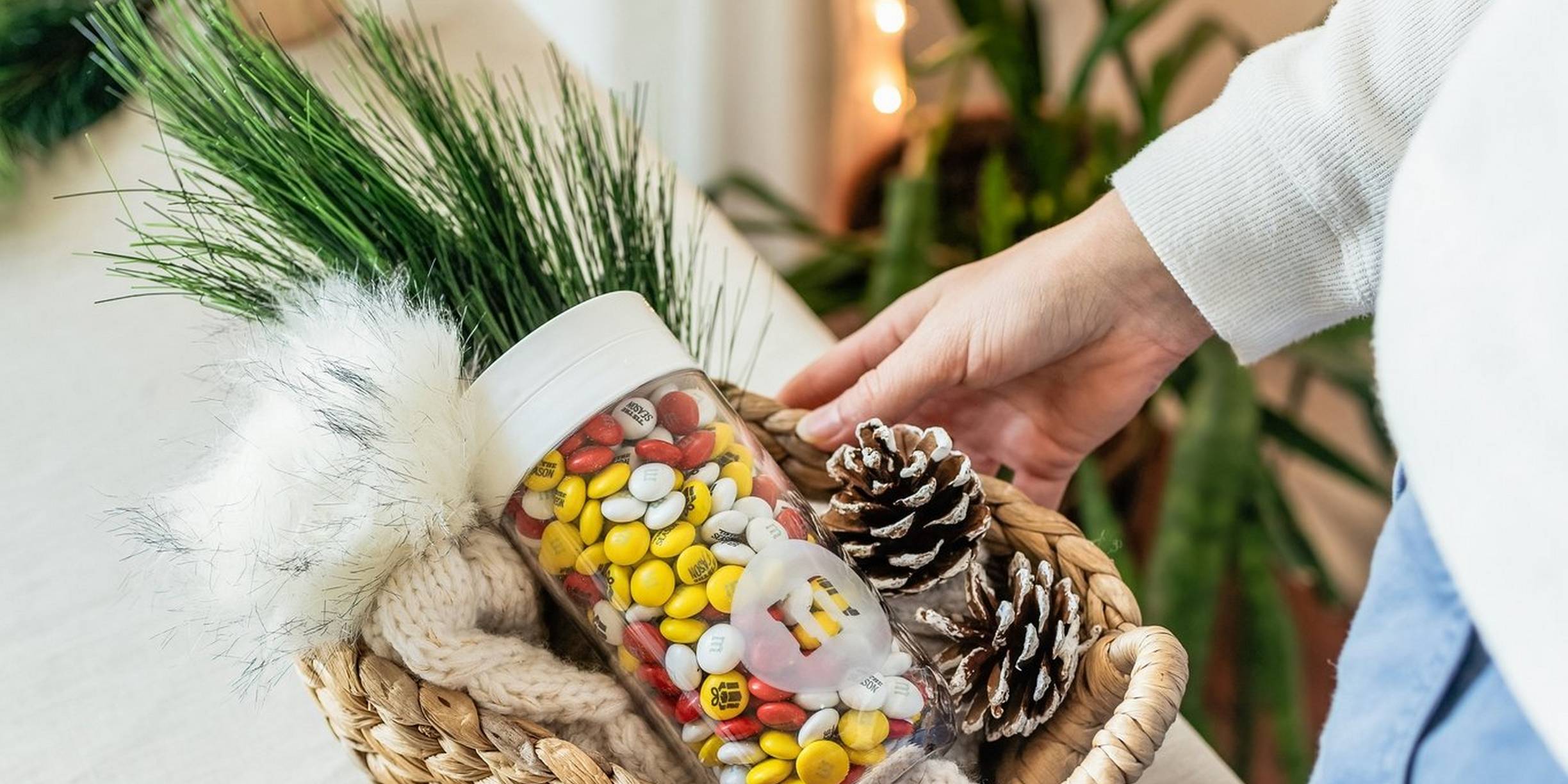 M&M'S gift jar in a basket at holiday time