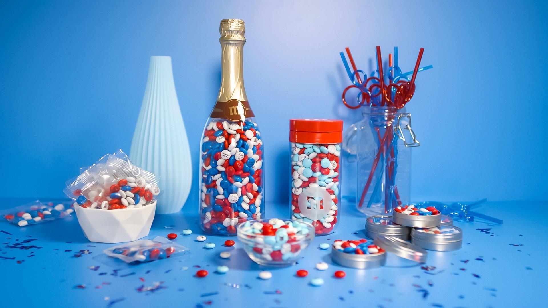 various products filled with red, white and blue M&M'S