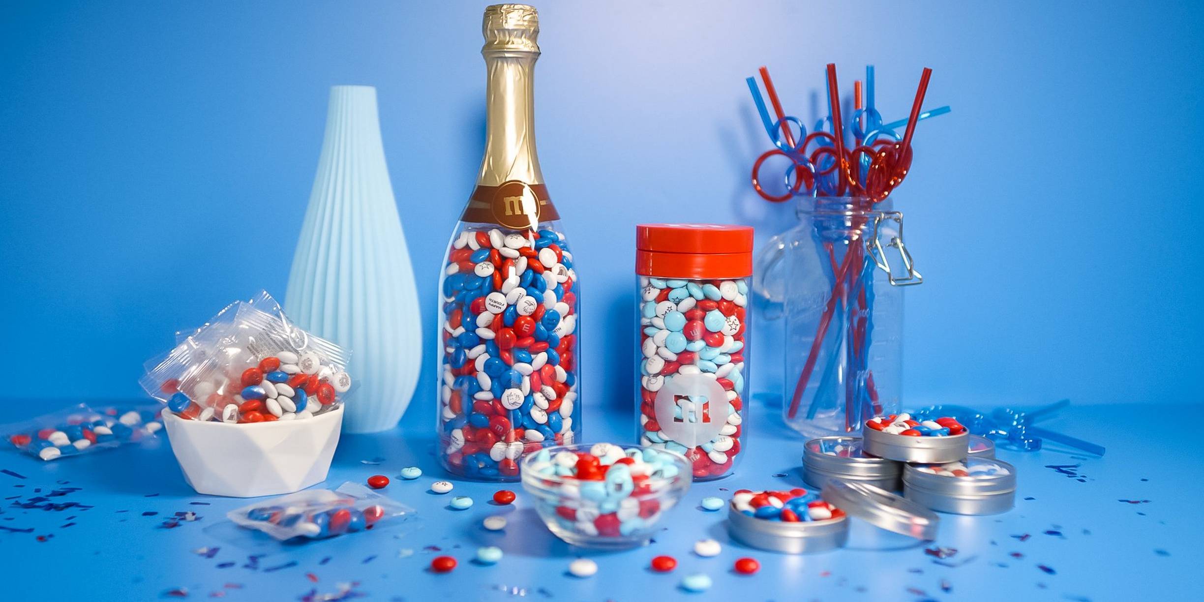 various products filled with red, white and blue M&M'S