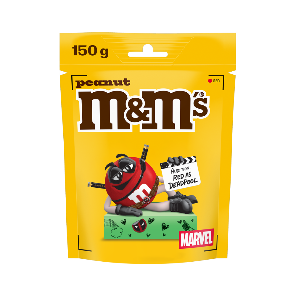 bag of peanut M&M'S with Red character dressed as Deadpool