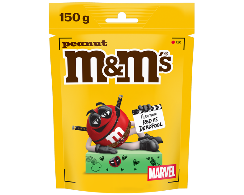 bag of peanut M&M'S with Red character dressed as Deadpool