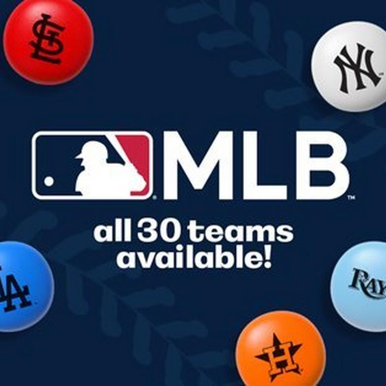 MLB logo with "all 30 teams available" text and various logos on lentils