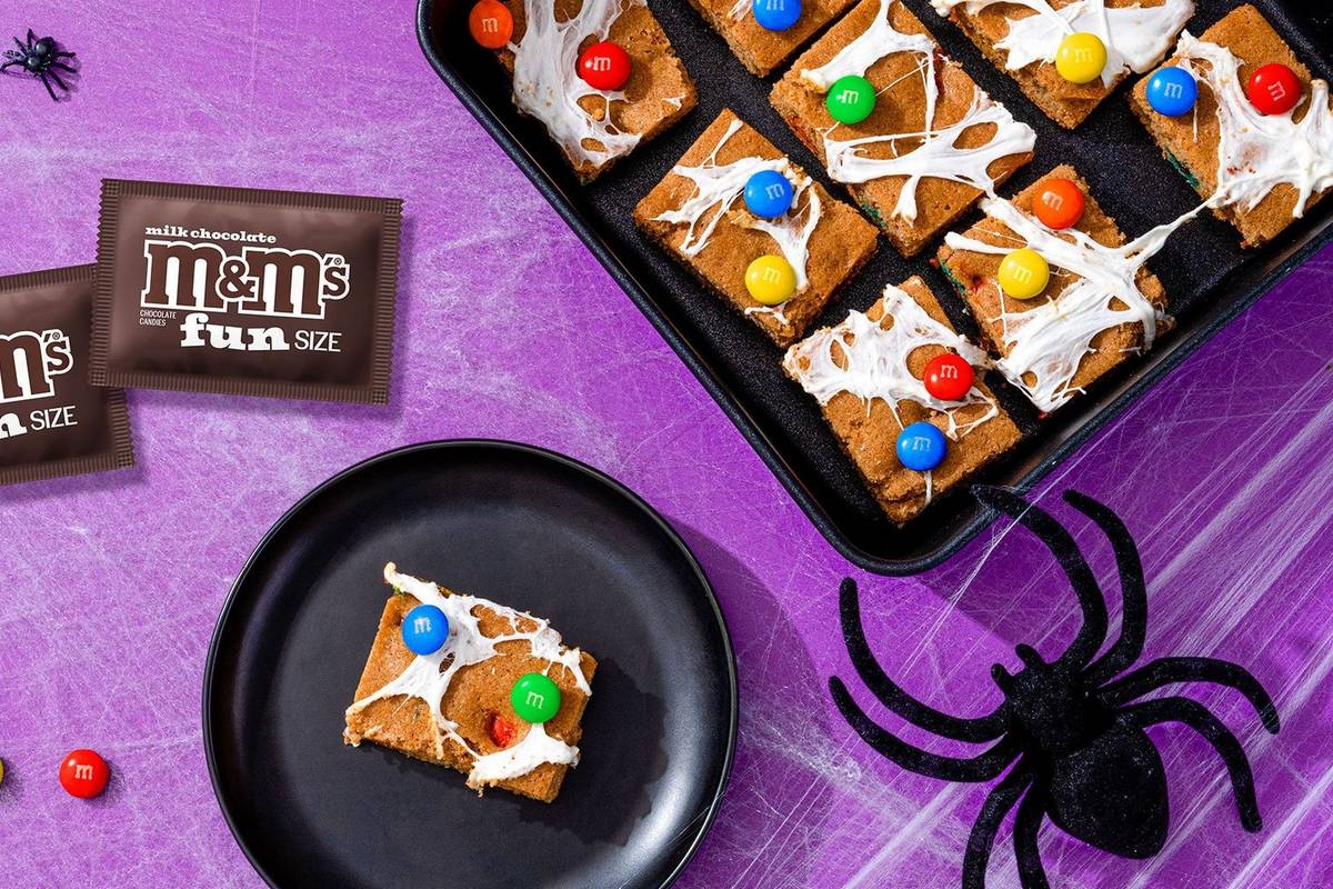 M&M’S spiderweb spiced blondies