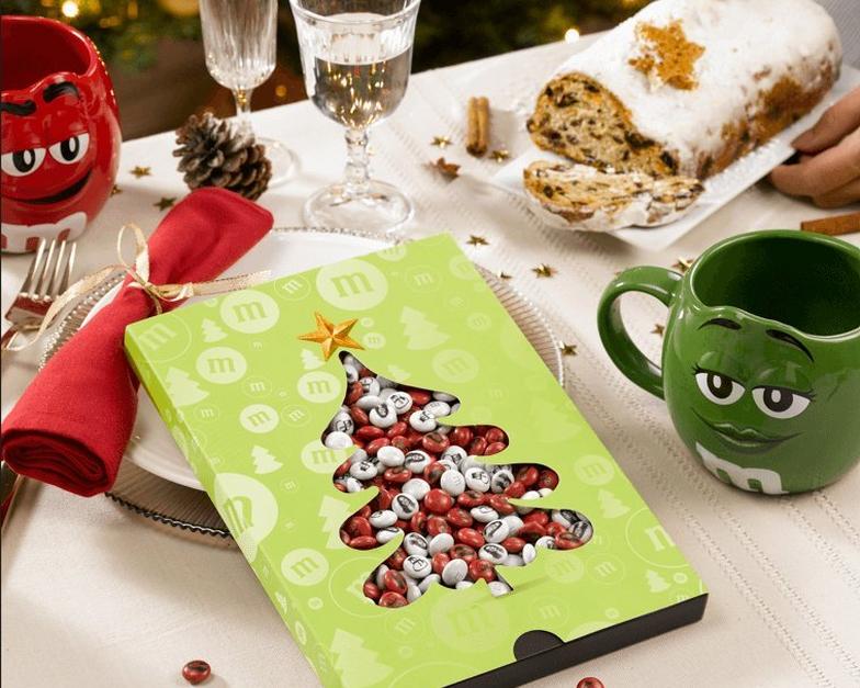 an M&M'S gift box placed on a table