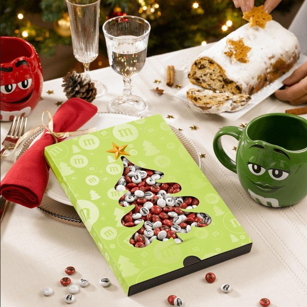 an M&M'S gift box placed on a table