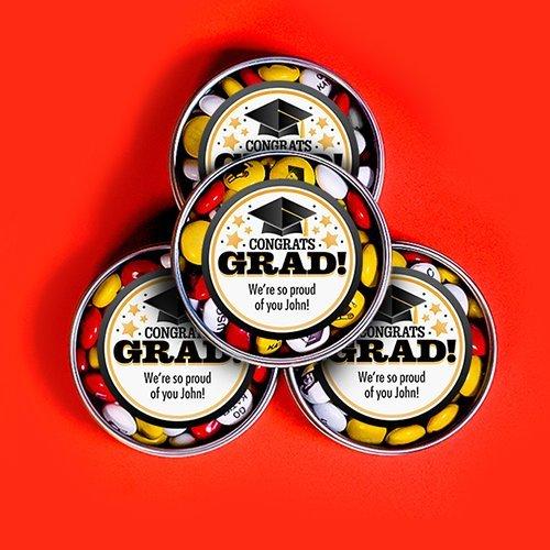 stack of graduation favor tins filled with M&M'S
