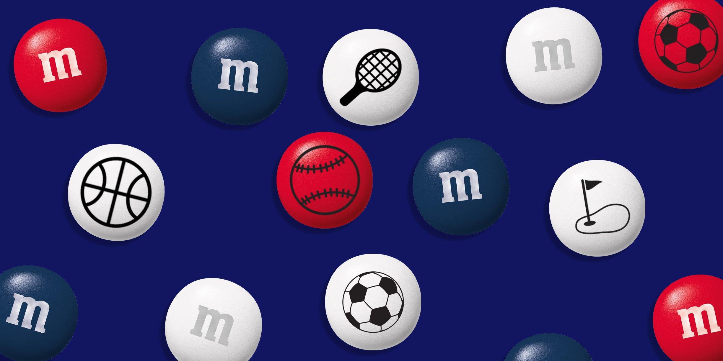 red, white and blue M&M'S with various sports clip art on a dark blue background