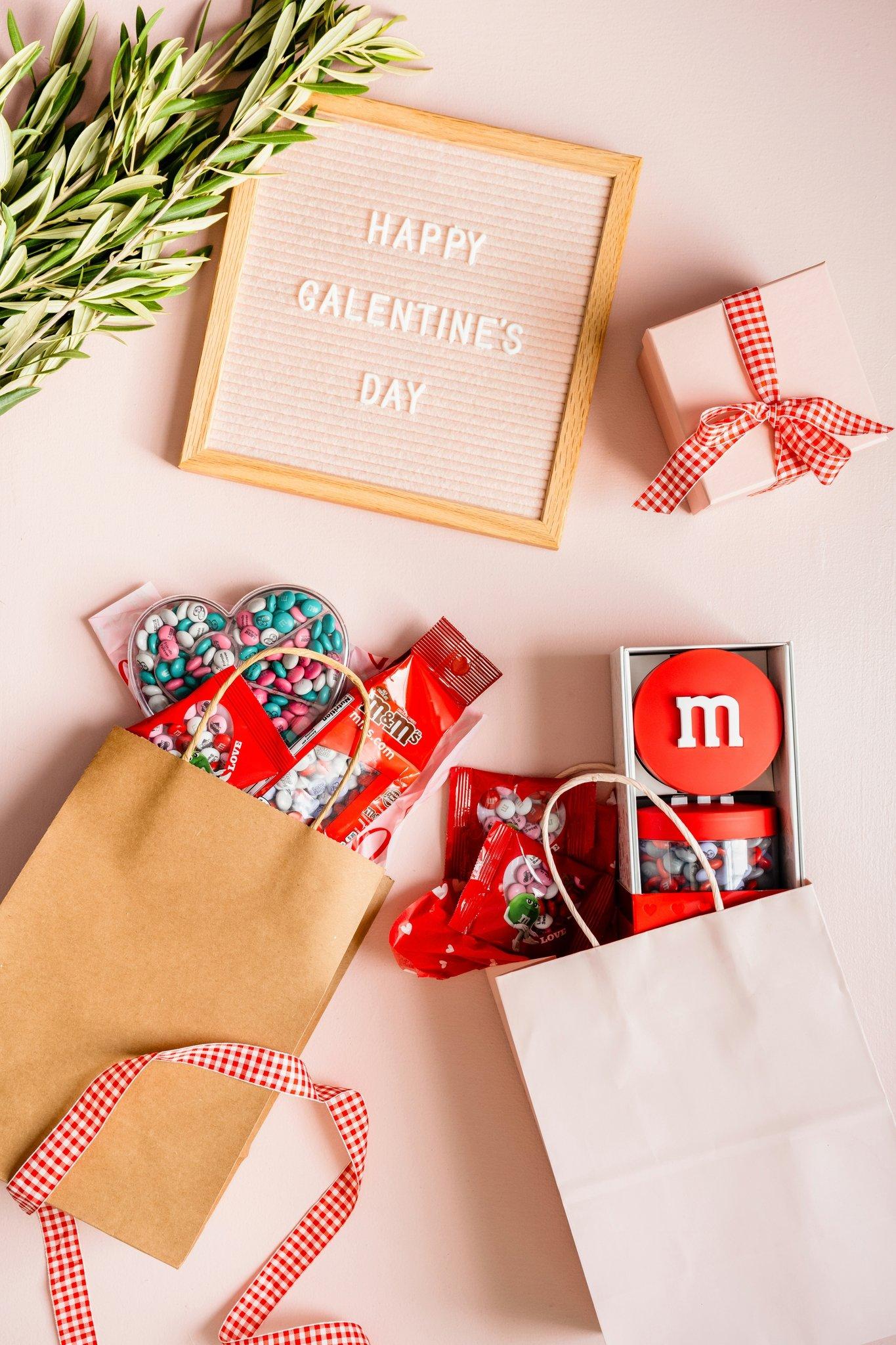 galentine's day celebratory spread with personalized m&m's gifts