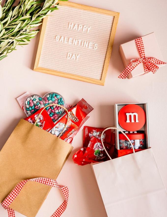 galentine's day celebratory spread with personalized m&m's gifts
