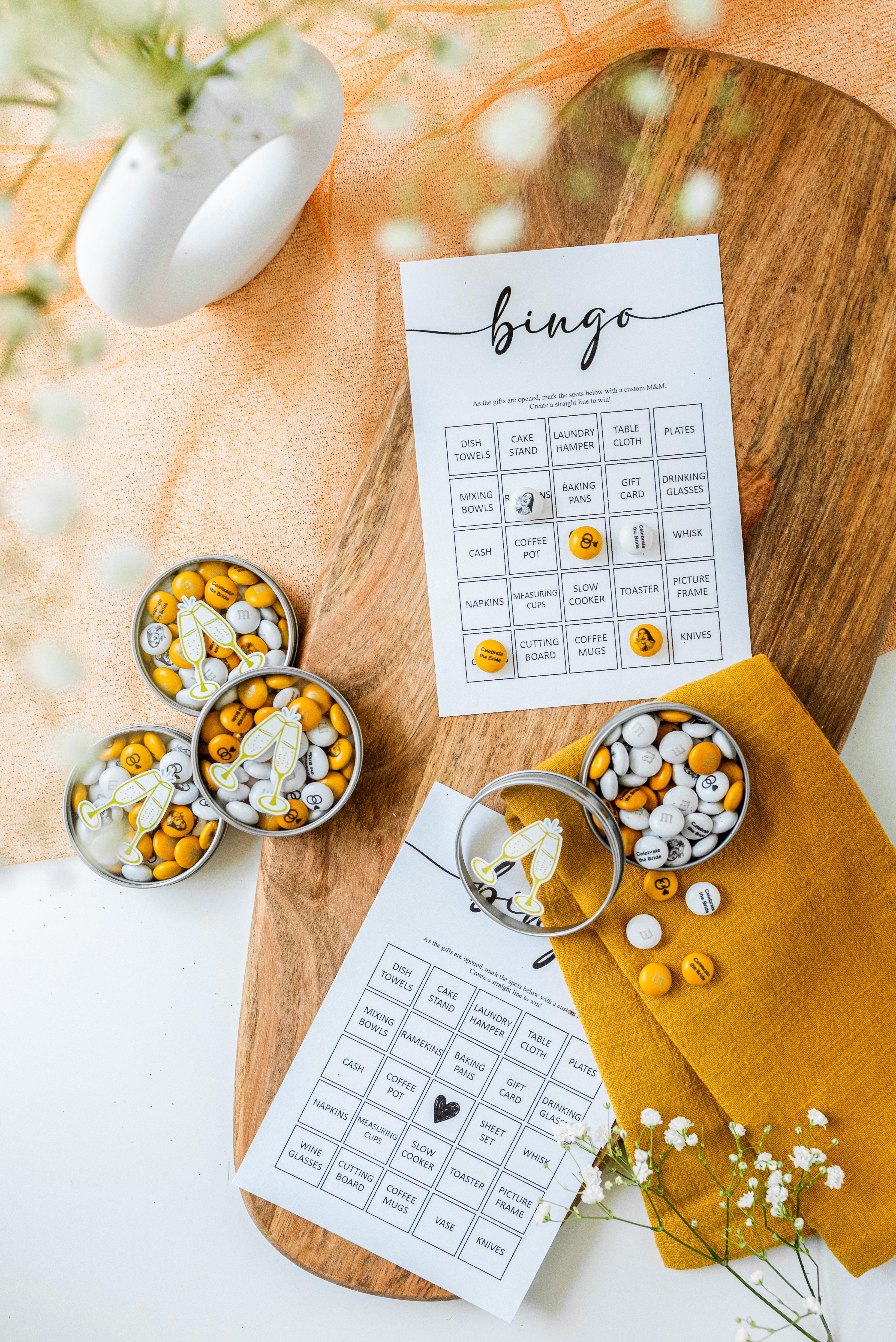 bridal shower bingo game featuring personalized M&M'S party favors