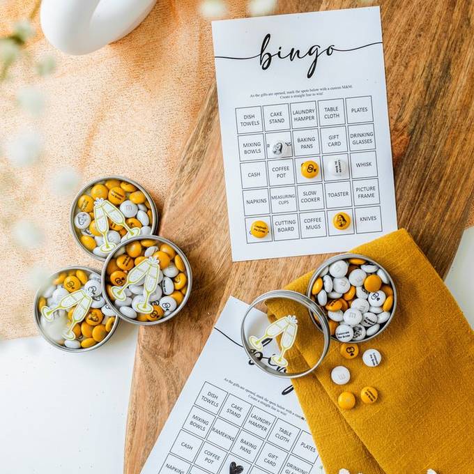 bridal shower bingo game featuring personalized M&M'S party favors