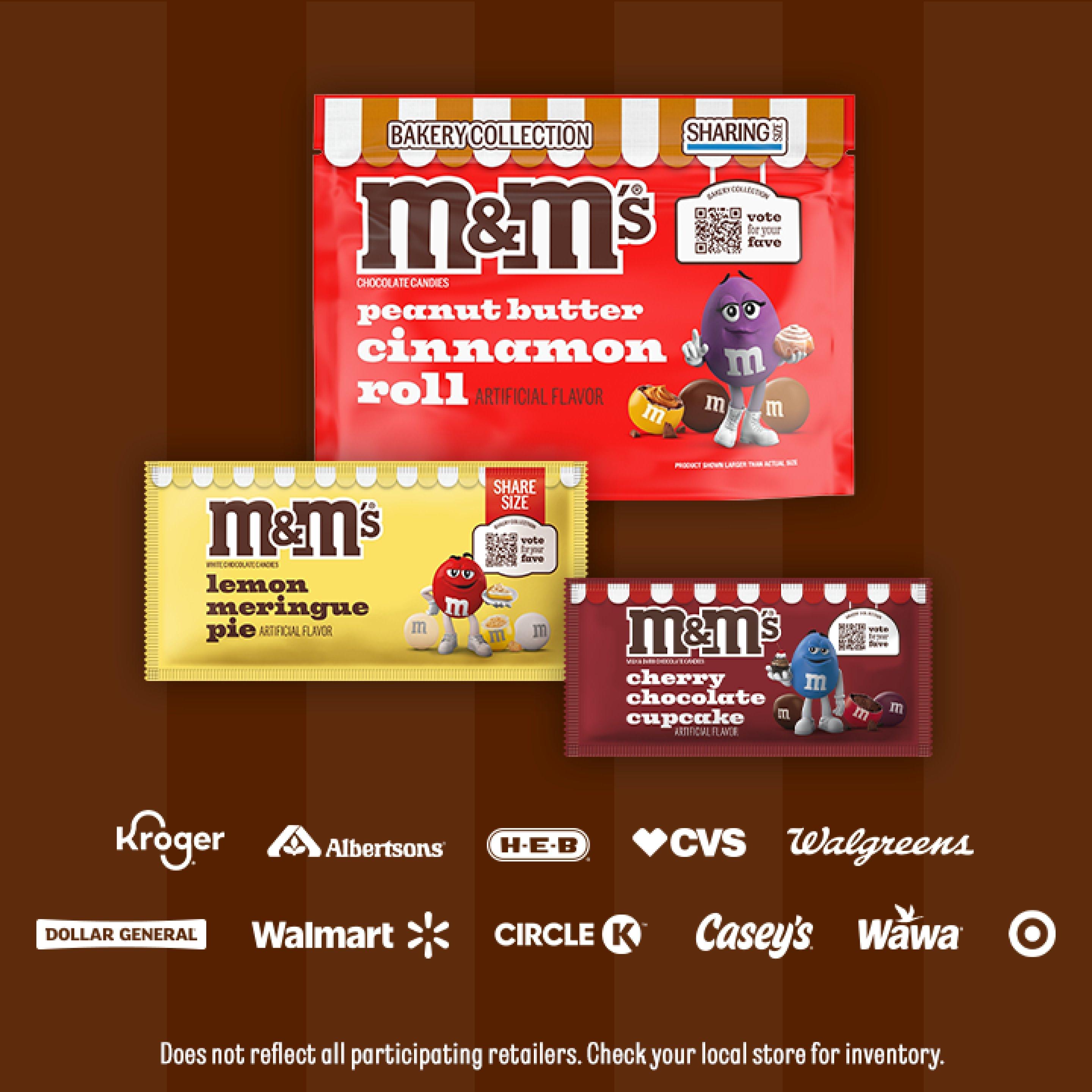 Three M&M’s packages in cherry chocolate cupcake, lemon meringue pie, and peanut butter cinnamon roll flavors are displayed above logos of various retail stores.