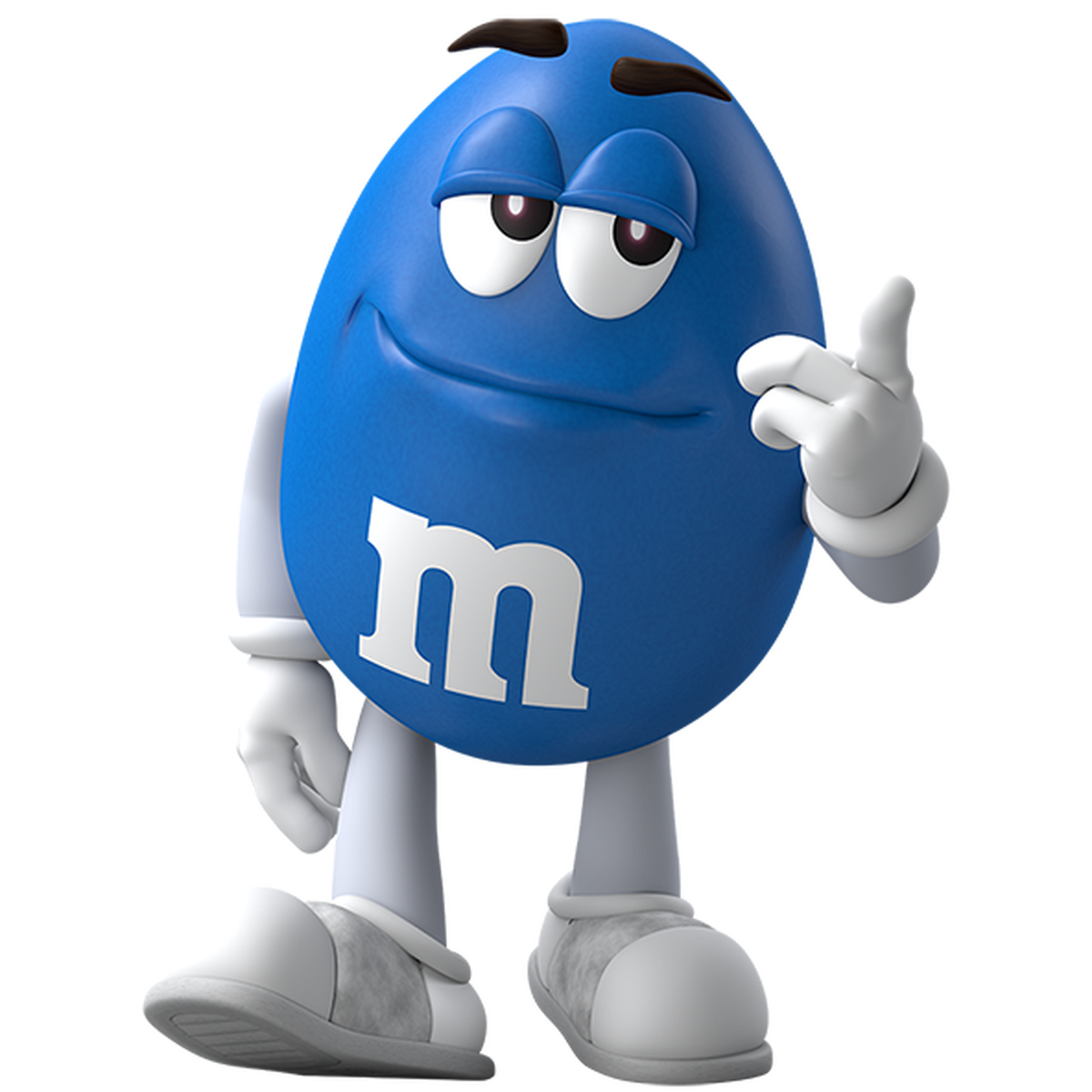 The Blue M&M points outward with a relaxed, confident expression.
