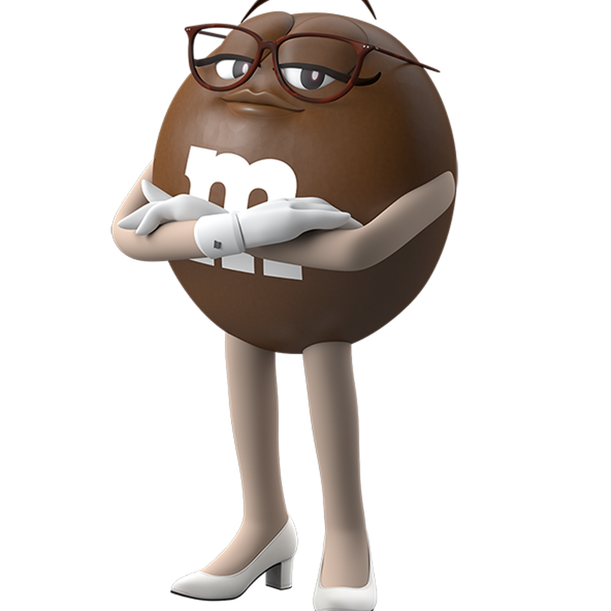 Brown di M&M'S incrocia le braccia con un'espressione composta e sicura.
