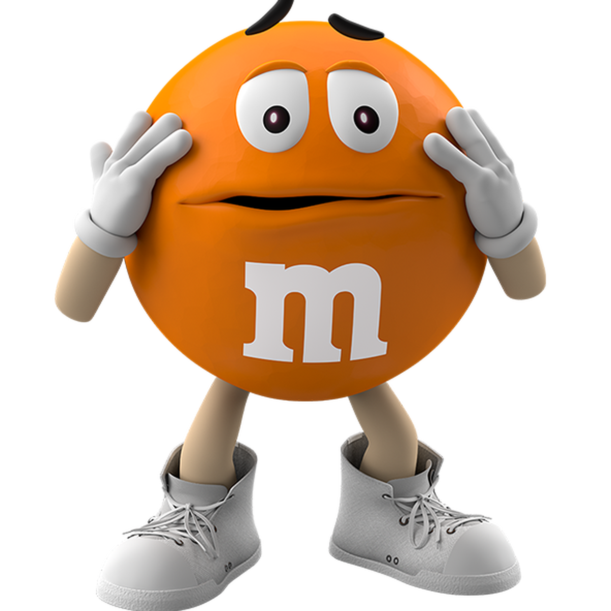 Orange, de oranje M&M, houdt zijn handen aan zijn gezicht en ziet er zenuwachtig uit.