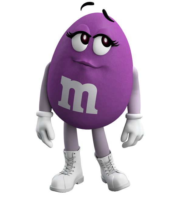 Die M&M'S-Figur Purple zeugt mit aufwärts zeigenden Händen von tadellosem Stil.