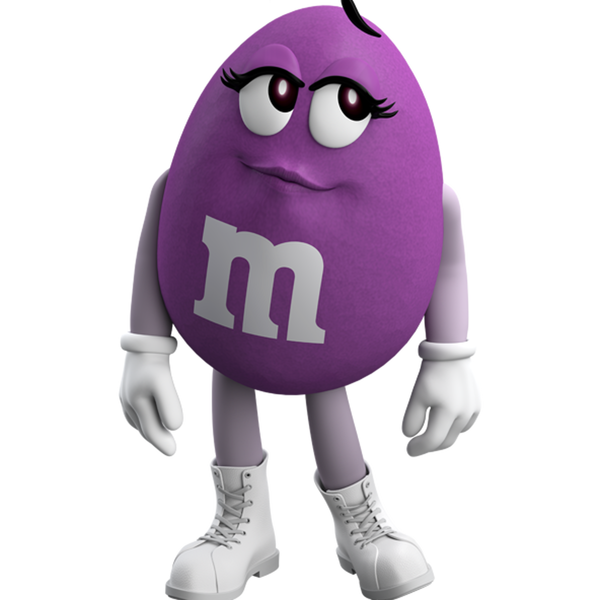Die M&M'S-Figur Purple zeugt mit aufwärts zeigenden Händen von tadellosem Stil.