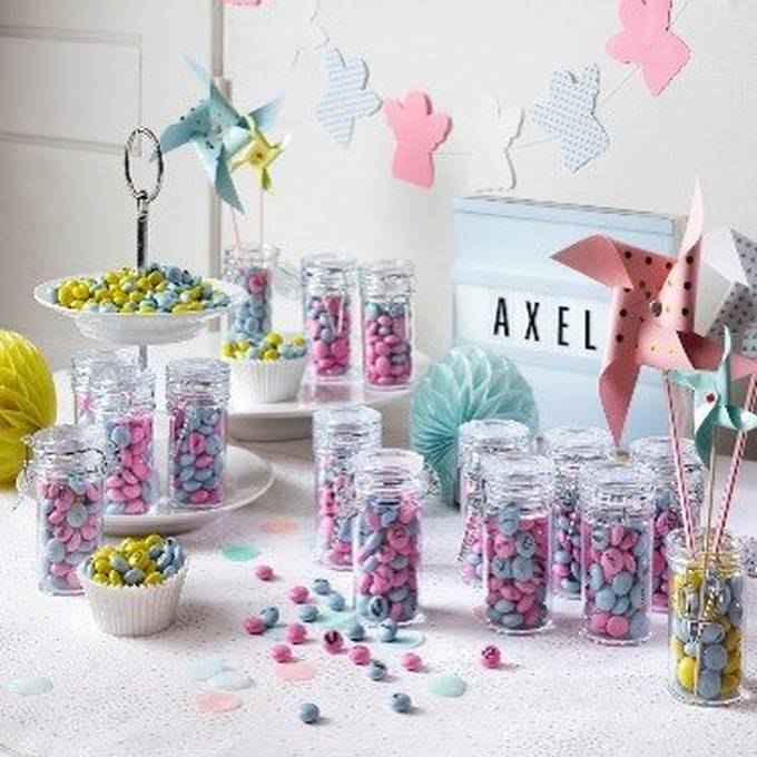 Small glass jars M&M's baptism decoration