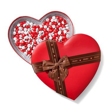 red heart box filled with m&m's
