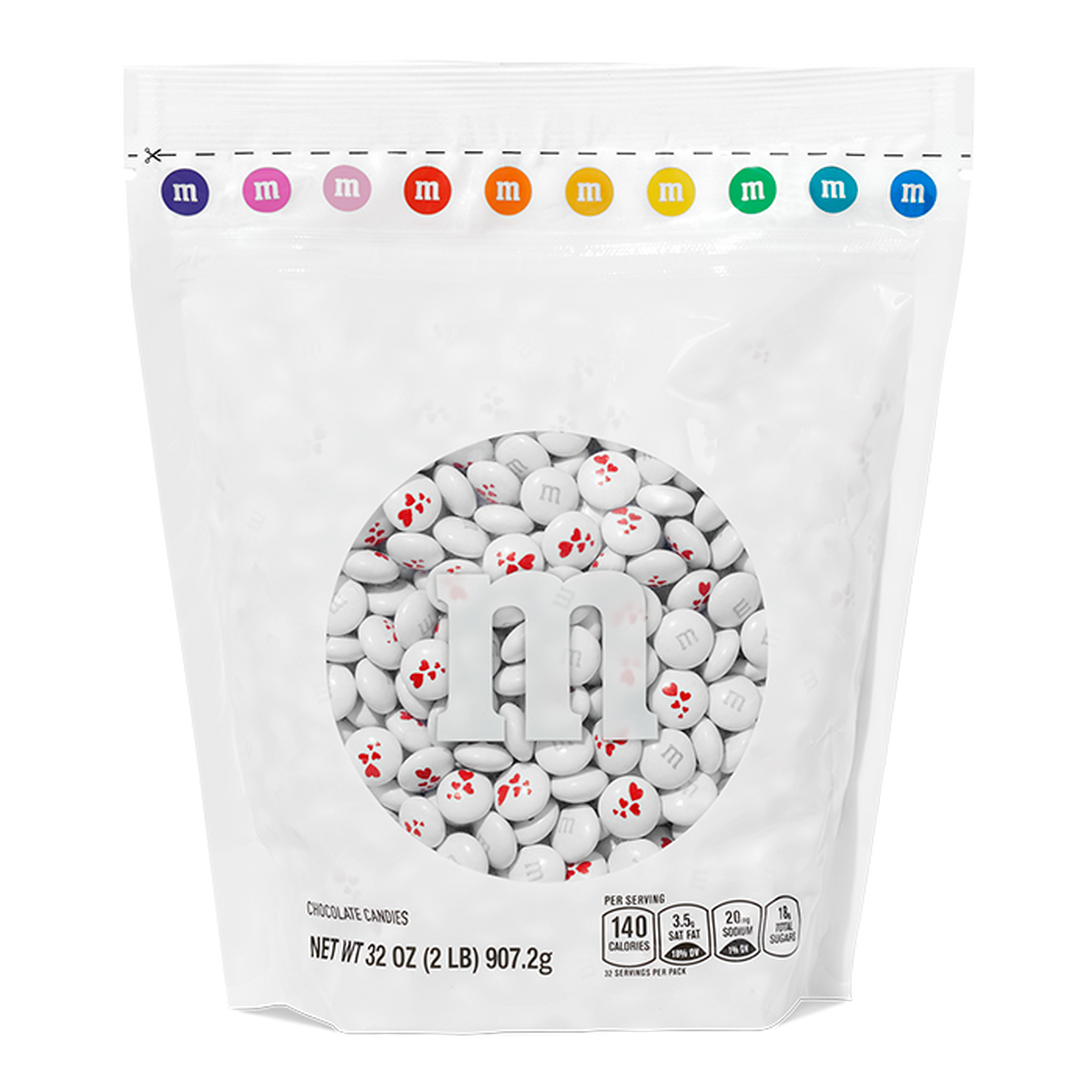 Bag of M&M'S chocolate candies, 32 oz, with packaging window showing white candies with red paw print designs and M&M'S logo.