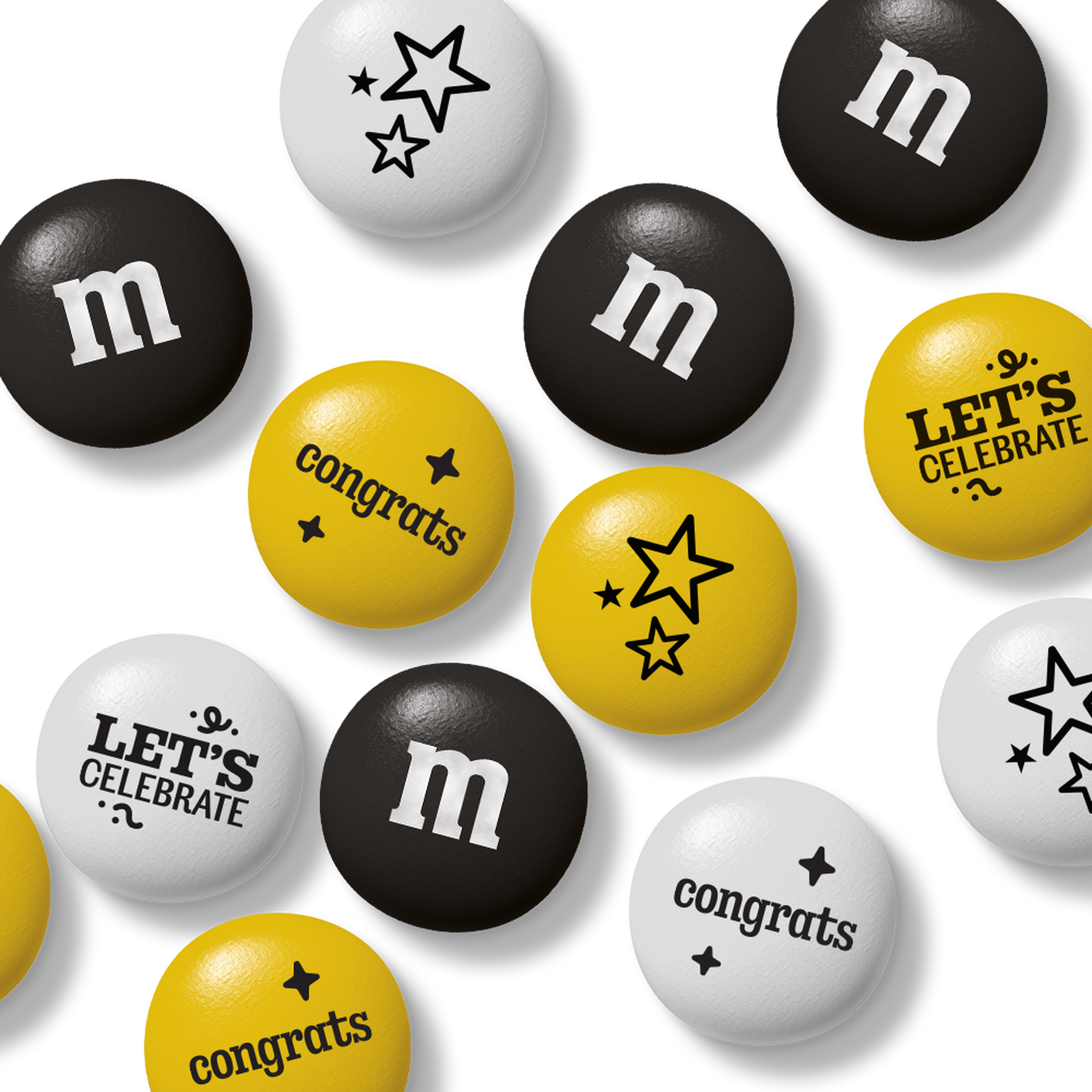 Bag of M&M'S chocolate candies, 32 oz, showing gold, white, and black candies through packaging window.