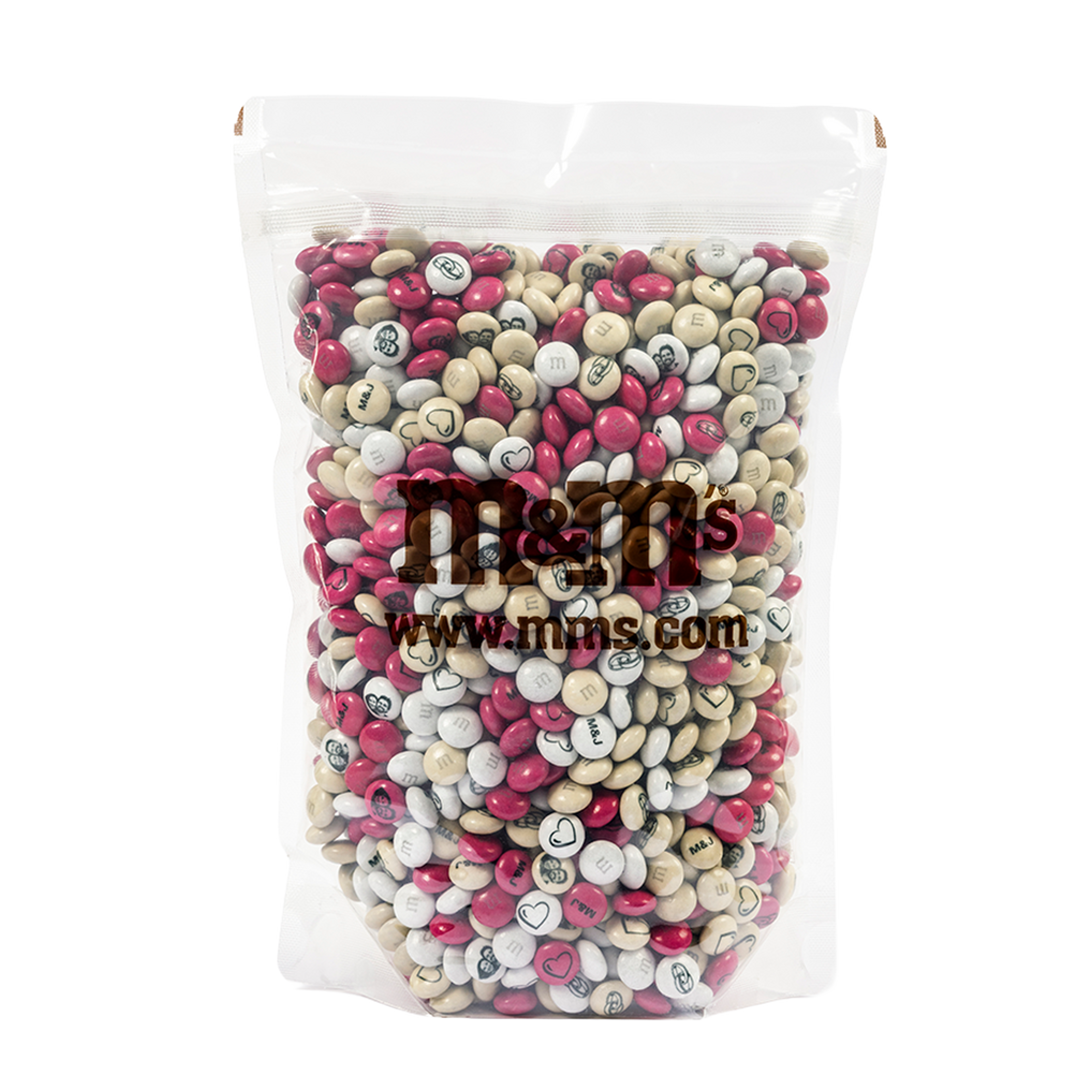Sacchetto trasparente di praline al cioccolato M&M'S personalizzate nei colori bordeaux, bianco e beige con messaggi stampati, con logo M&M'S e www.mms.com.