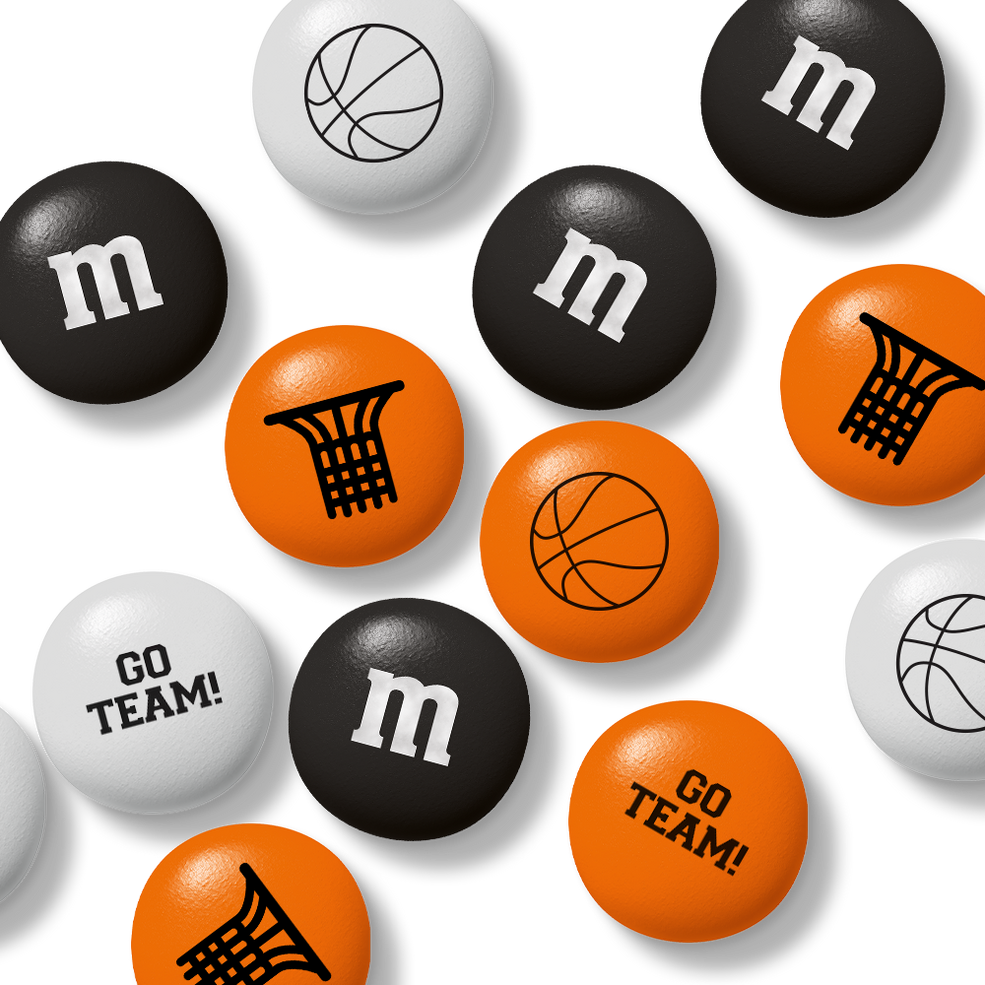 Bag of M&M'S chocolate candies, 32 oz, with packaging window showing orange, black, and white candies.