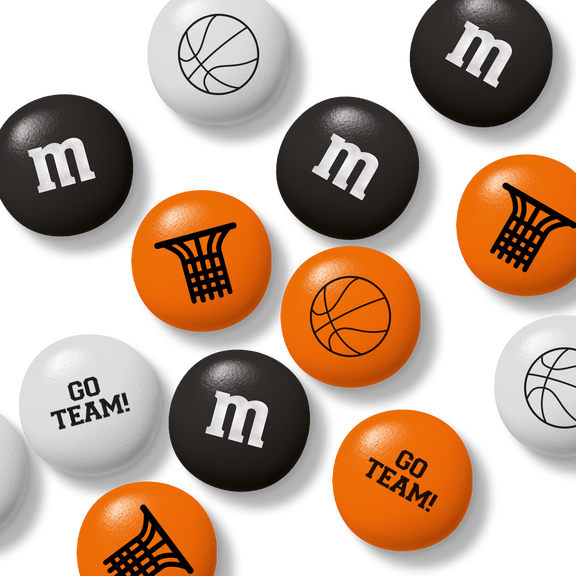 Bag of M&M'S chocolate candies, 32 oz, with packaging window showing orange, black, and white candies.
