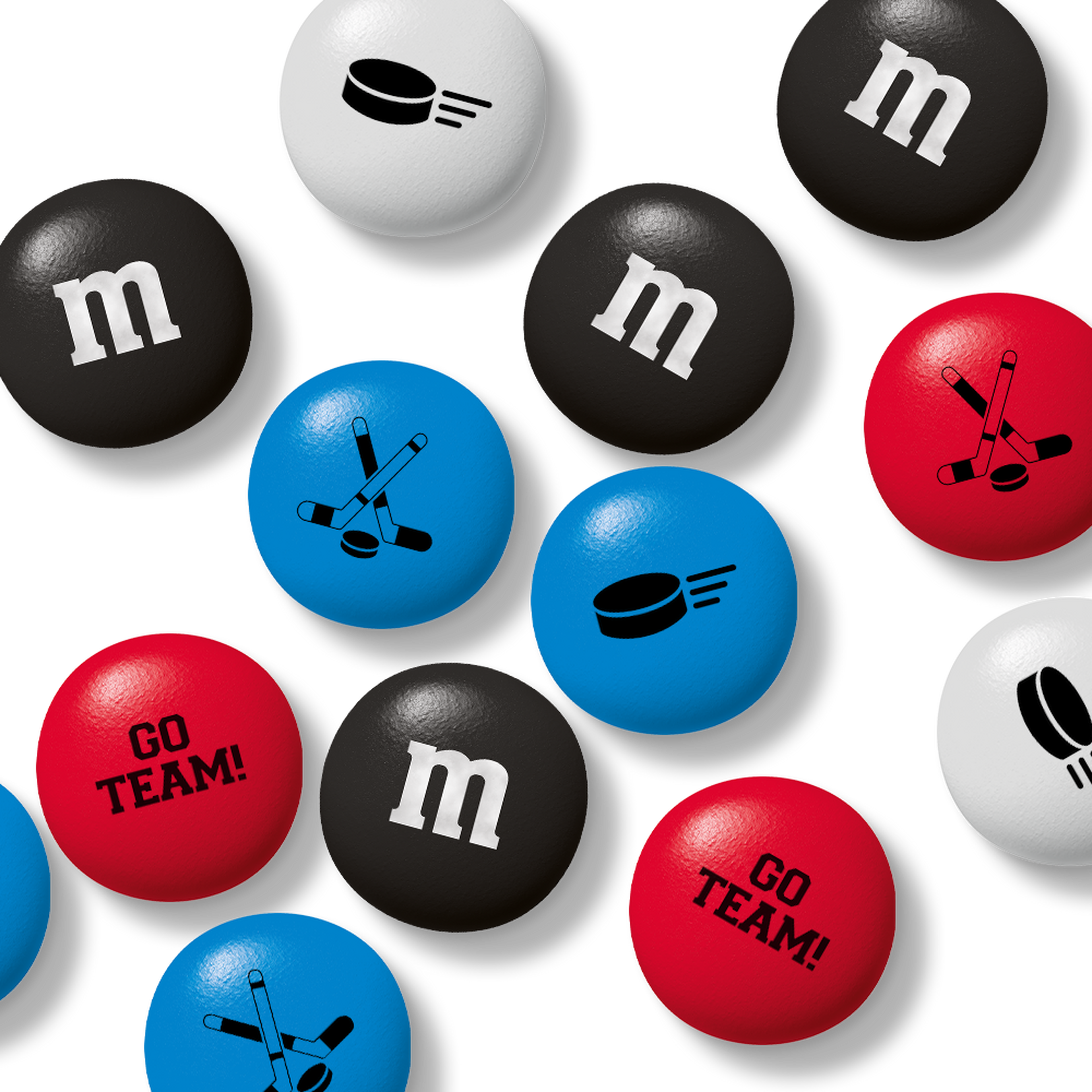 Bag of M&M'S chocolate candies, 32 oz, with circular packaging window showing red, white, and blue candies.