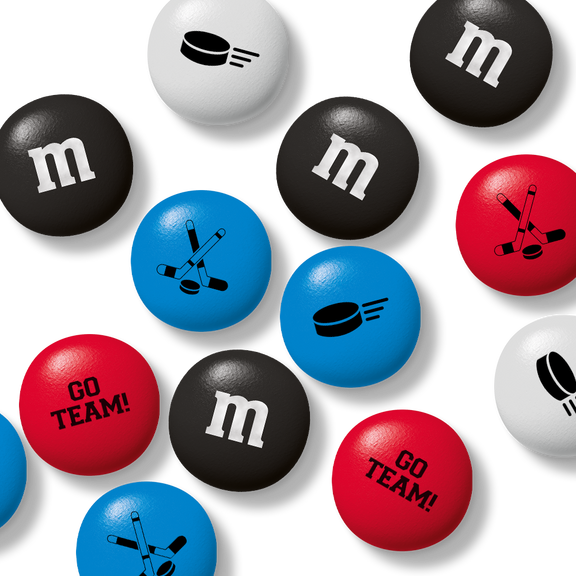 Bag of M&M'S chocolate candies, 32 oz, with circular packaging window showing red, white, and blue candies.