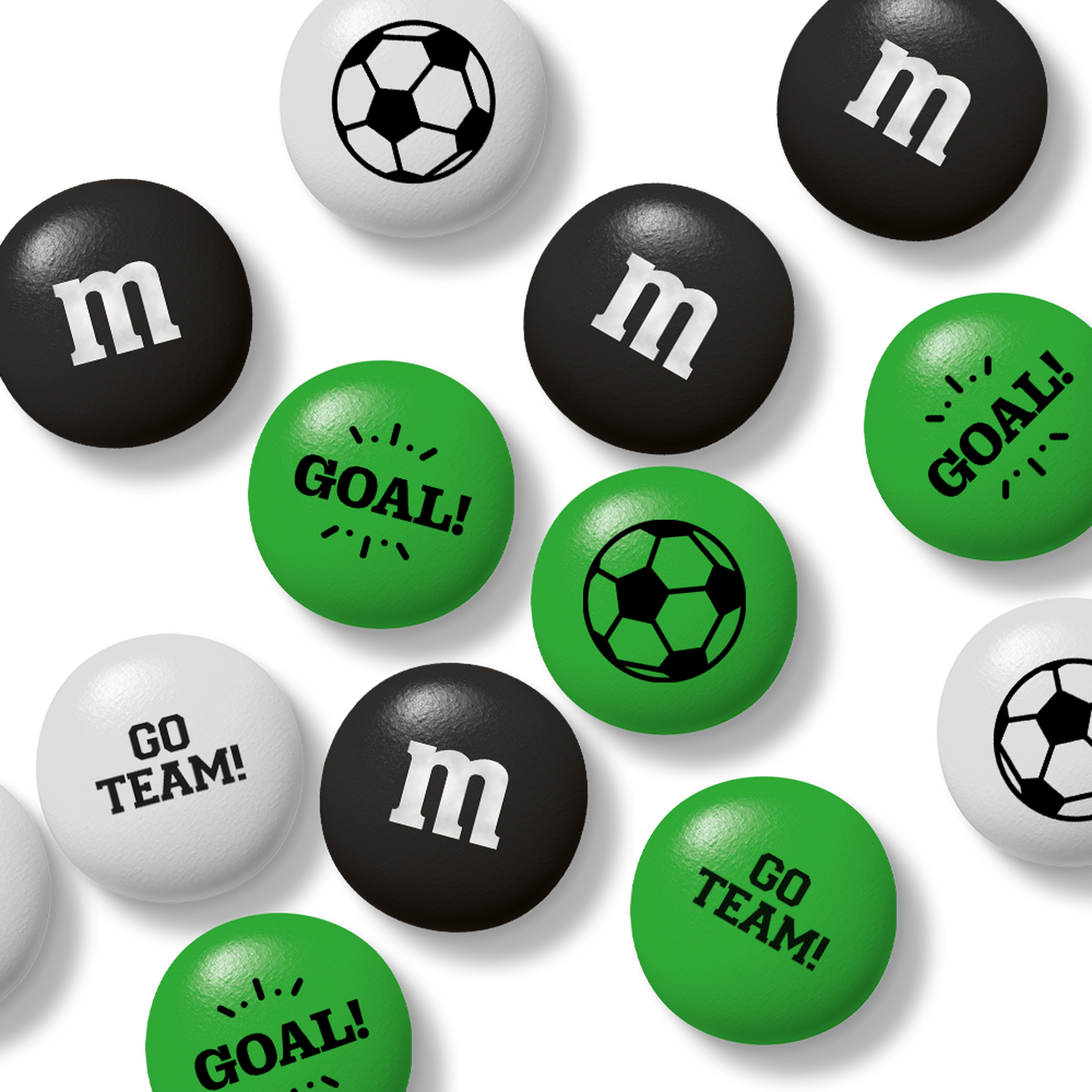 Bag of M&M'S chocolate candies, 32 oz, with packaging window showing green, white, and black candies with soccer ball designs.