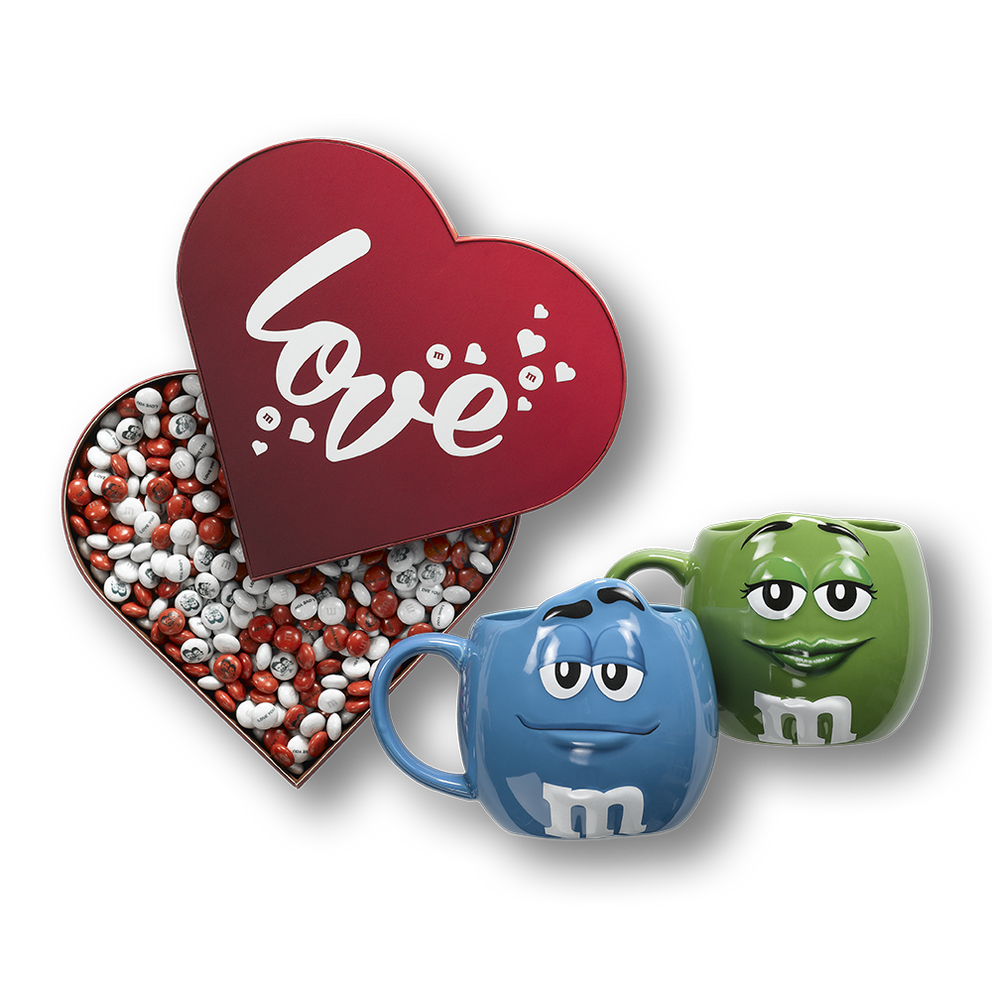 Caja Corazón 500 g + Tazas M&M'S XL Azul Y Verde 1