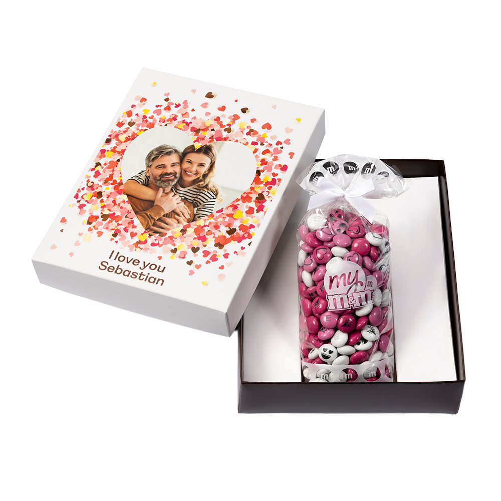 personalised gift box love template with lid off showing M&M'S inside