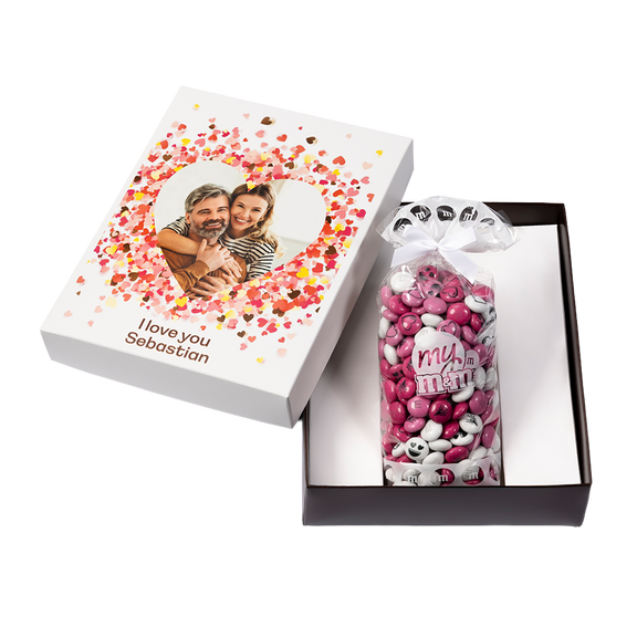 personalised gift box love template with lid off showing M&M'S inside
