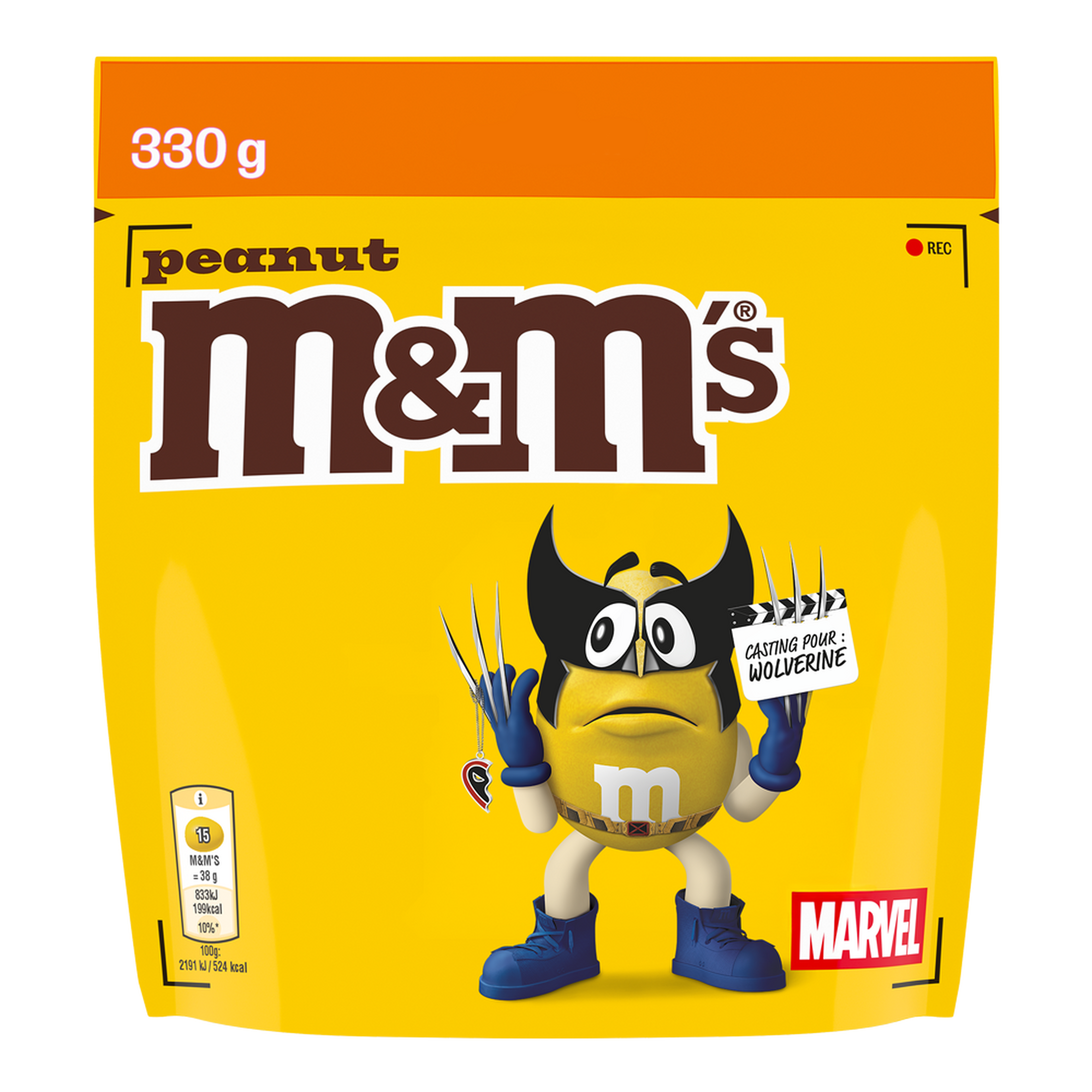 Sachet de chocolats M&M'S peanut, 330g, avec Yellow déguisé en Wolverine tenant une pancarte « CASTING POUR WOLVERINE », logo MARVEL visible.
