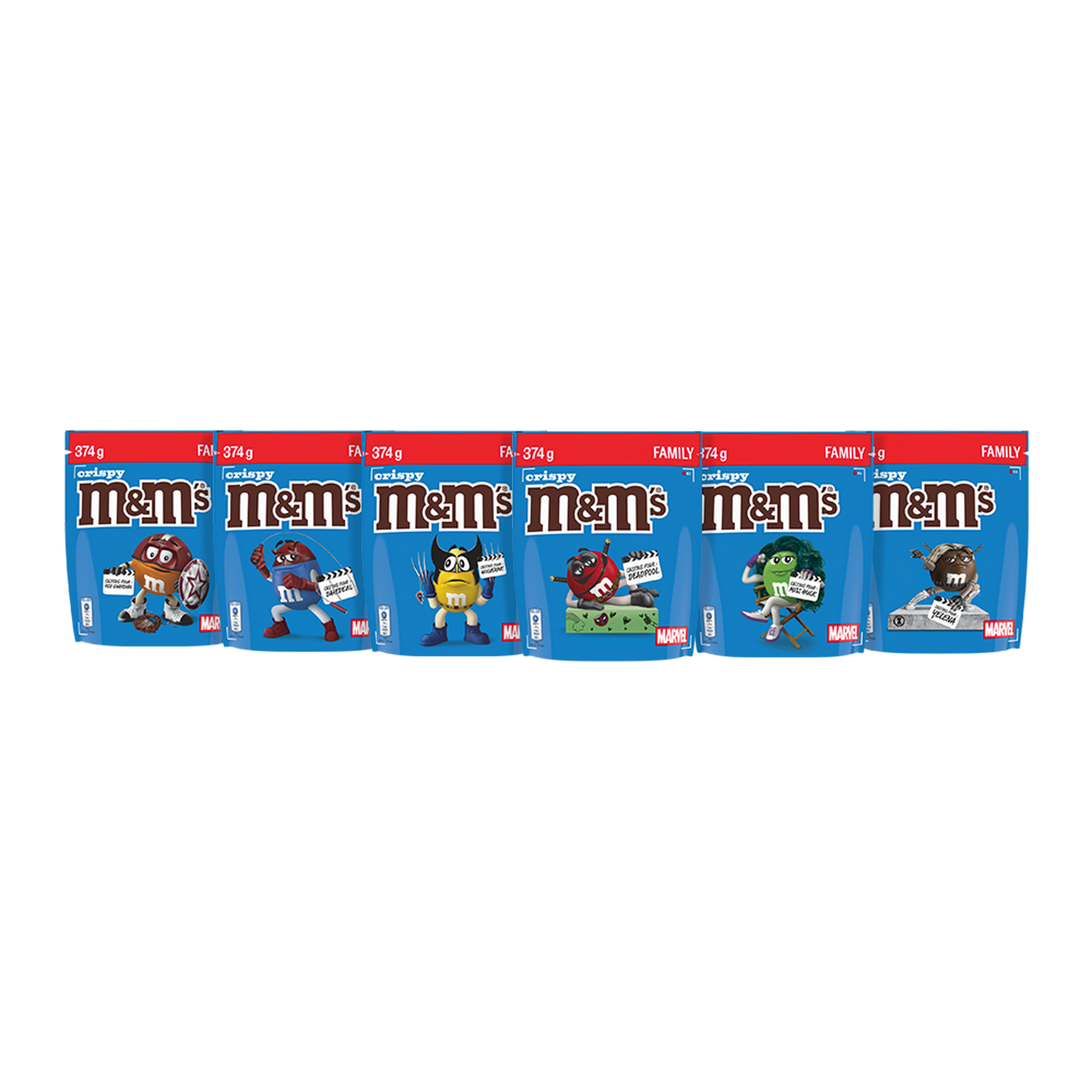 Sei sacchetti di M&M'S crispy praline al cioccolato da 374g, con personaggi M&M'S vestiti da supereroi Marvel su sfondo blu.