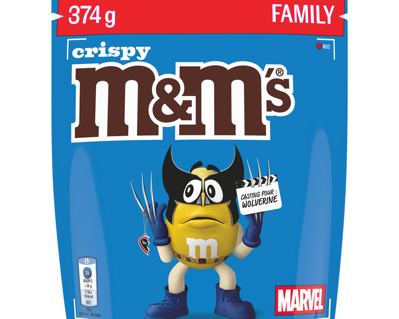 bag of Crispy M&M'S with Yellow character dressed as Wolverine