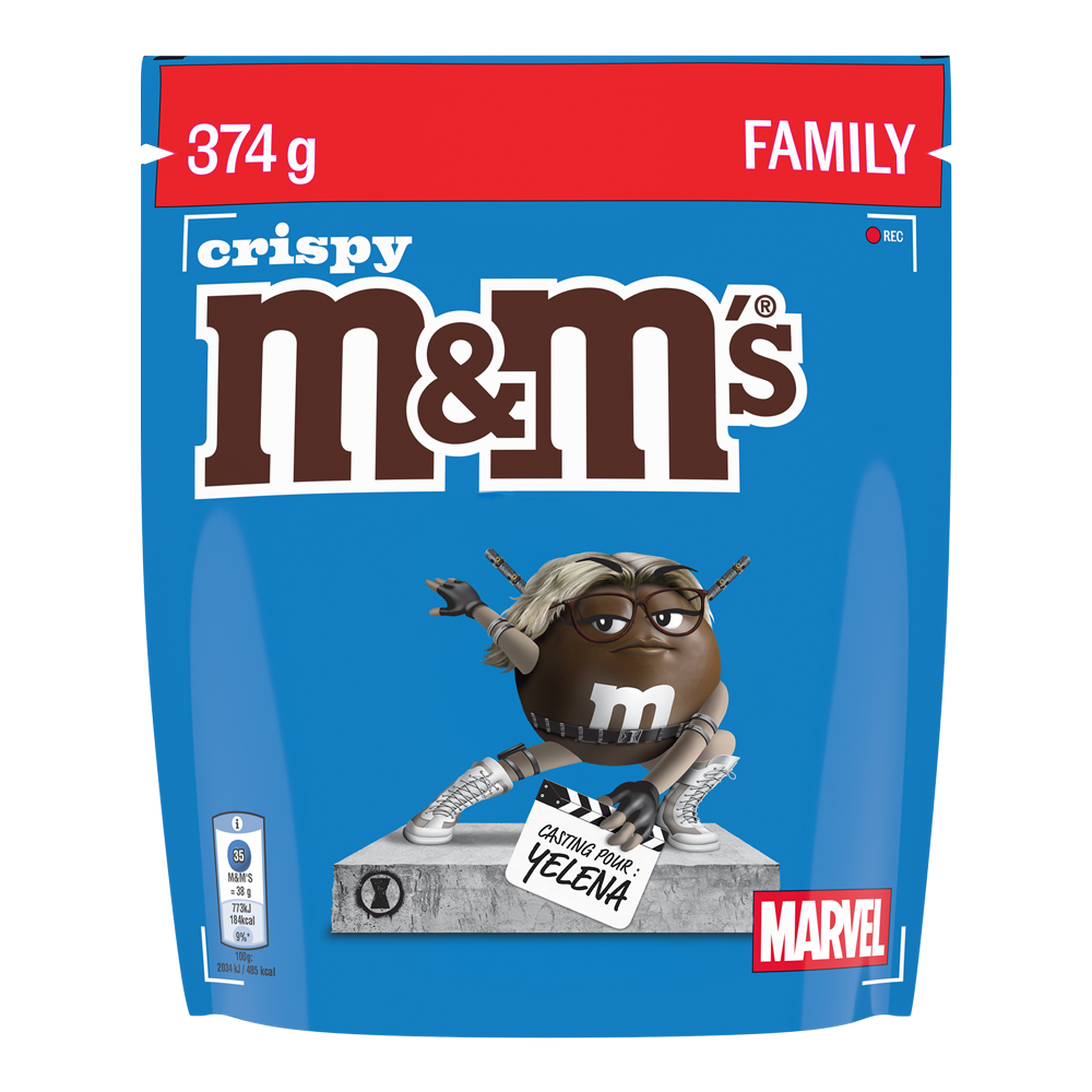 Sacchetto M&M'S crispy da 374g, formato FAMILY, con praline al cioccolato a tema MARVEL, che mostra una figura con costume e ciak.