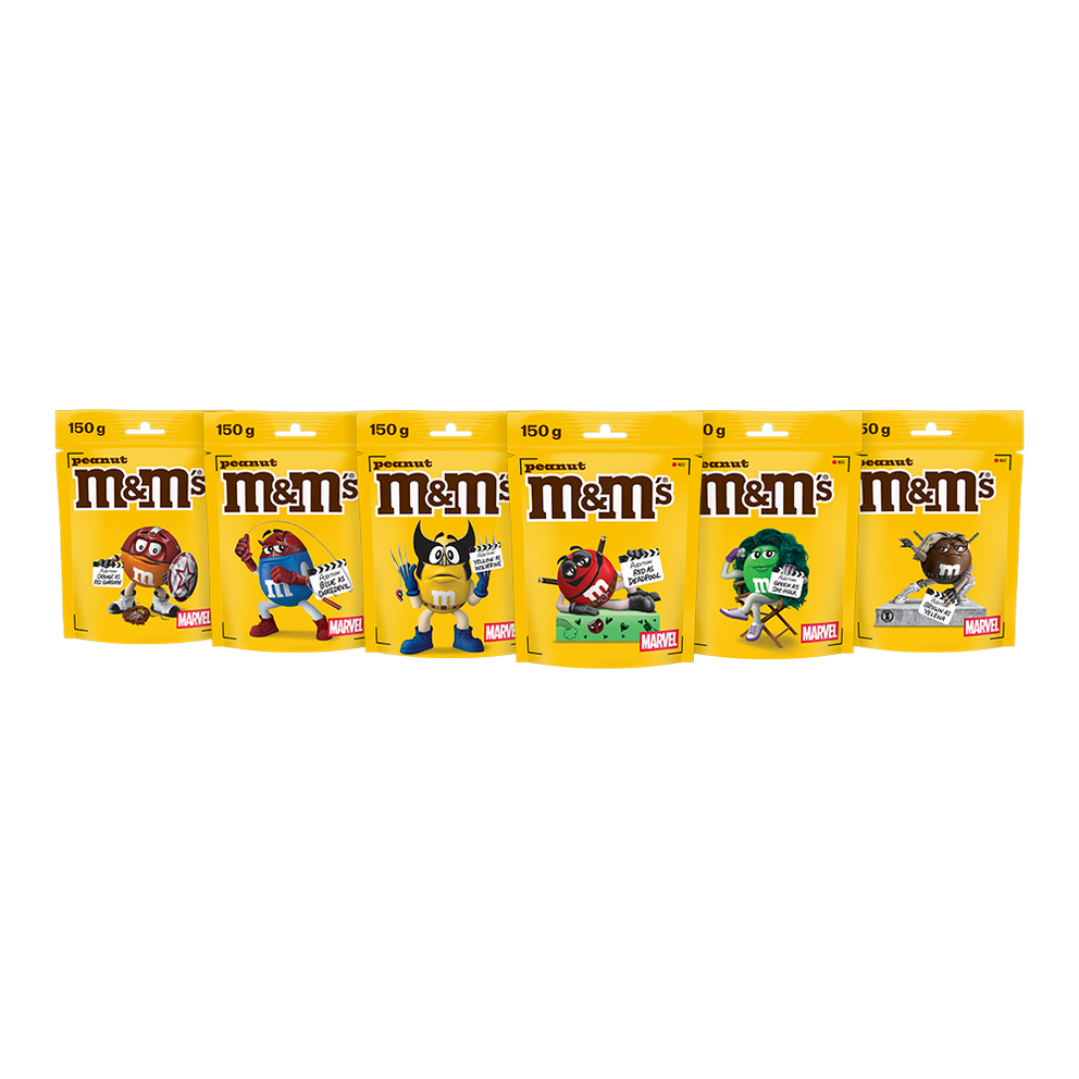 Six bags of M&M'S peanut chocolate candies with MARVEL branding, featuring different character designs including Red, Blue, Yellow, Green, and Brown in superhero costumes.