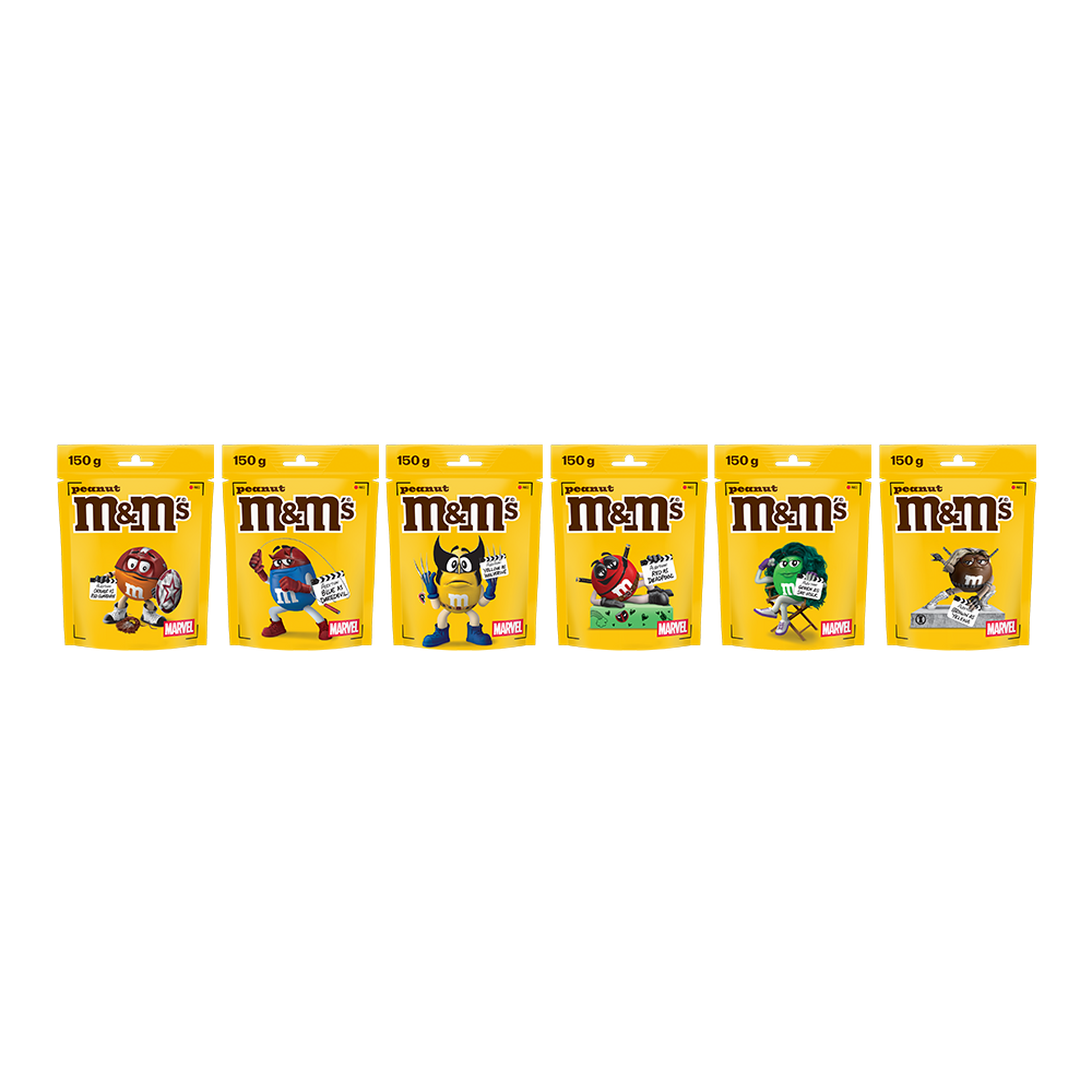 Six bags of M&M'S peanut chocolate candies, 150g, each featuring a different character in Marvel superhero costumes.