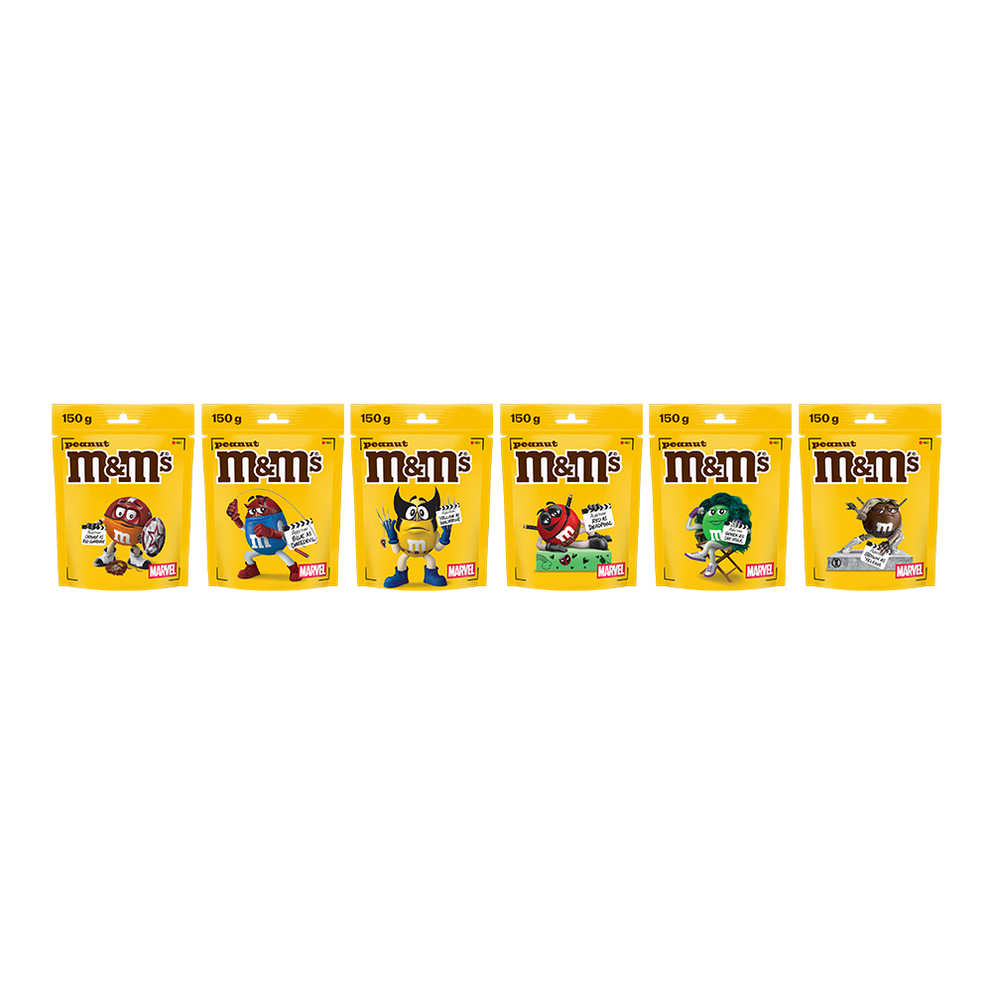 Six bags of M&M'S peanut chocolate candies, 150g, each featuring a different character in Marvel superhero costumes.