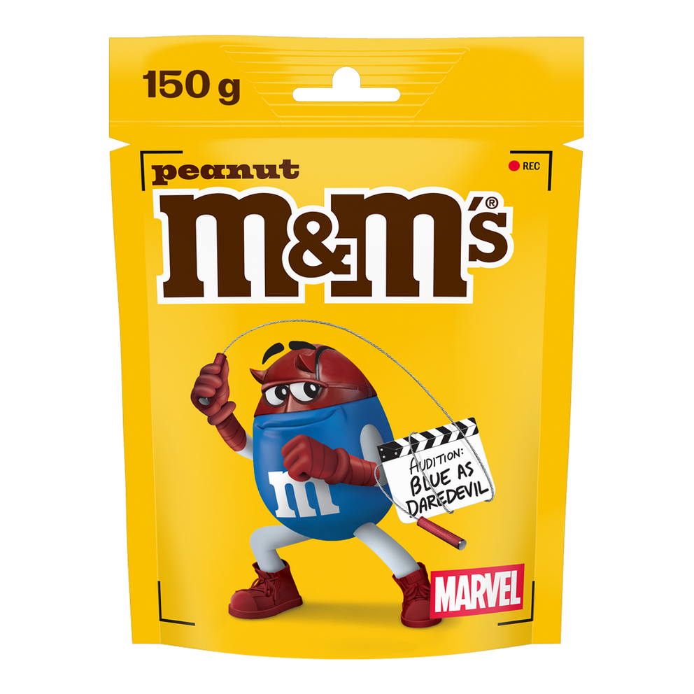 Bag of M&M'S peanut chocolate candies, 150g, featuring Blue dressed as Daredevil holding a clapperboard that reads "AUDITION: BLUE AS DAREDEVIL" with MARVEL branding.