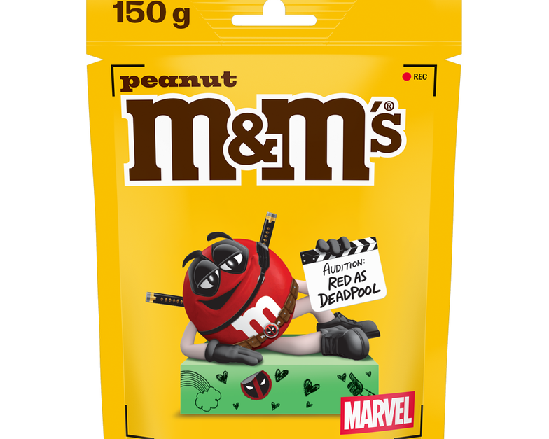 bag of peanut M&M'S with Red character dressed as Deadpool
