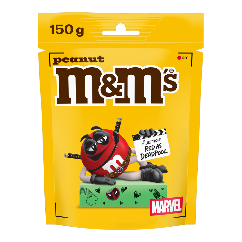 Bag of M&M'S peanut chocolate candies, 150g, featuring Red dressed as Deadpool holding an audition sign, with Marvel branding.